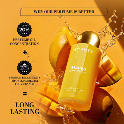 Bellavita Mango perfume bottle with mangoes and water splashes on a yellow background