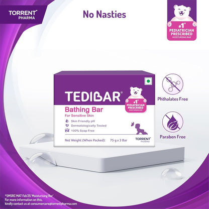 Tedibar Moisturising Baby Bathing Bar 75gx3 (Pack of 1) 100% Soap Free No. 1* Pediatrician Prescribed Moisturising Bar - By Torrent Pharma