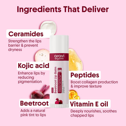 Aravi Organic Beetroot Tinted Lip Balm SPF 50 PA+++ | Brightening Lip Balm for Dark Lips | Hydrates Dry & Chapped Lips | Kojic Acid, Ceramide, Peptide & Vitamin E | Men & Women | 5g