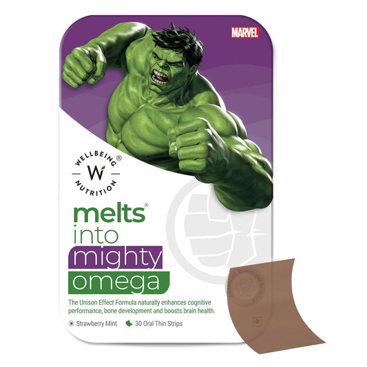 Wellbeing Nutrition Marvel Hulk Melts | Vegan Omega 3 for Kids (6+) Supports Brain Development, Concentration, Eye & Heart Health | Algae Omega 3 EPA DHA | Strawberry Mint Flavor (30 Oral Strips)