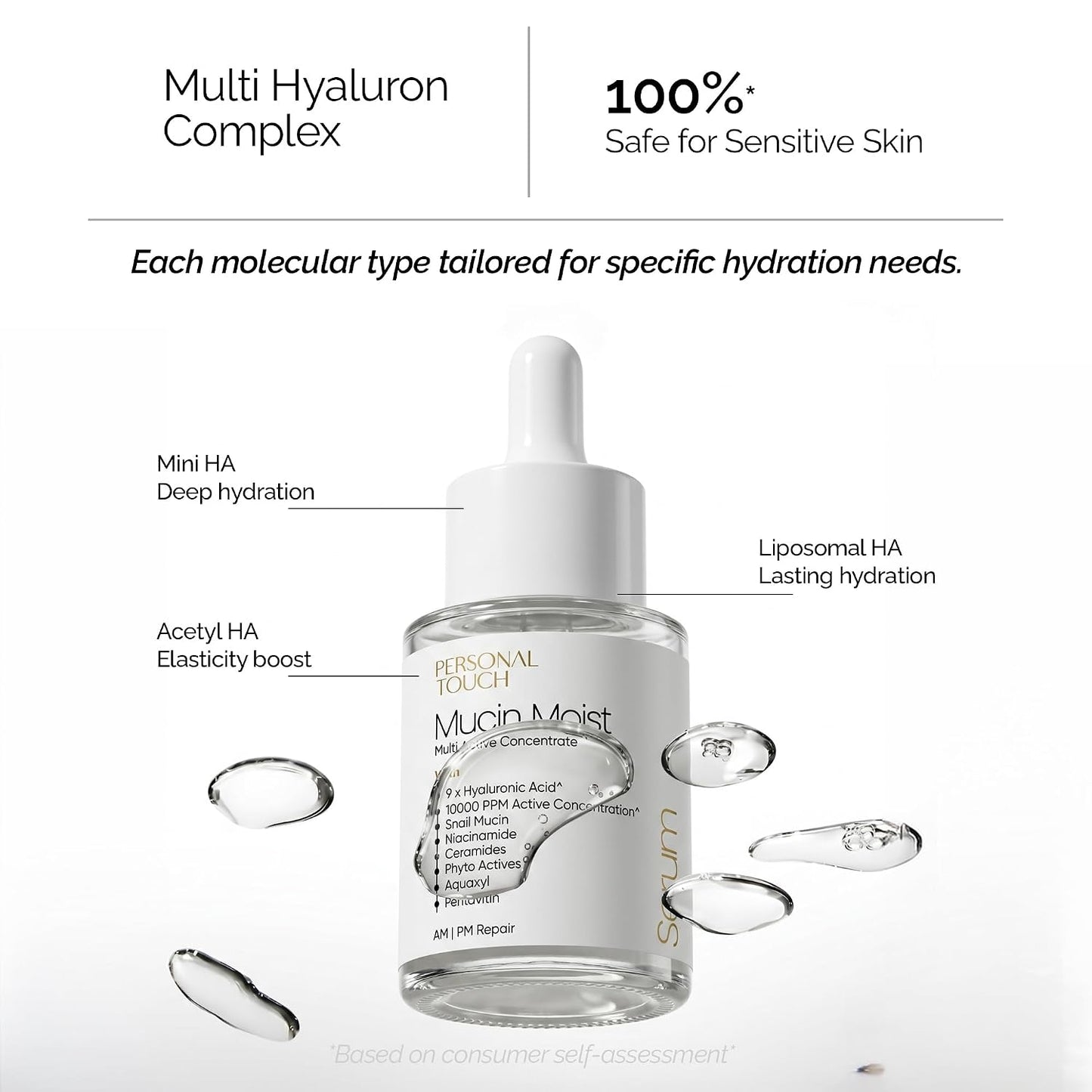 Personal Touch Mucin Moist Serum Cruelty Free - World’s 1st Snail Mucin With 9 Types of Hyaluronic Acid, Ceramides, Niacinamide | Korean Skincare | Dryness, Fine Lines, Skin Barrier Repair | 30ml