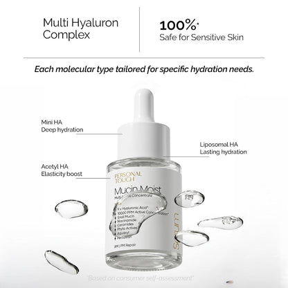 Personal Touch Mucin Moist Serum Cruelty Free - World’s 1st Snail Mucin With 9 Types of Hyaluronic Acid, Ceramides, Niacinamide | Korean Skincare | Dryness, Fine Lines, Skin Barrier Repair | 30ml