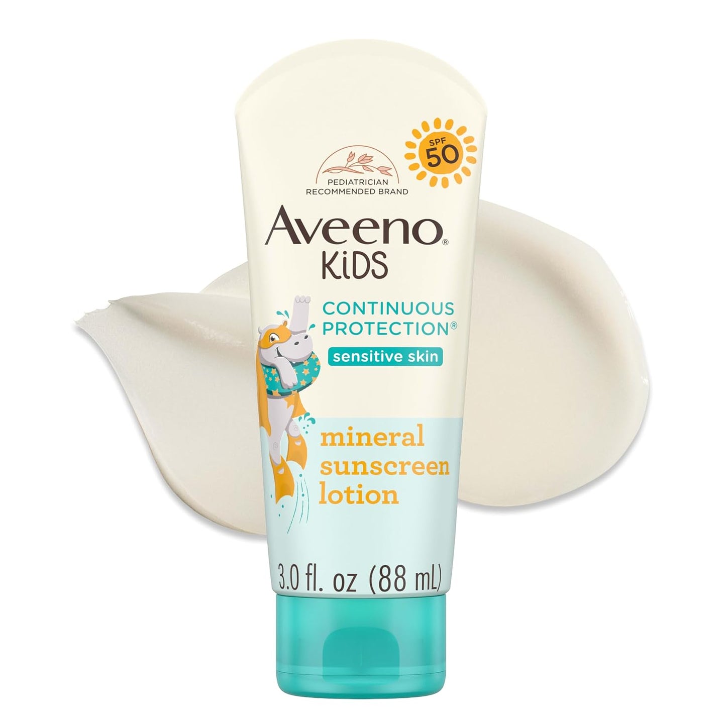 Aveeno Kids Continuous Protection Zinc Oxide Mineral Sunscreen Lotion for Children's Sensitive Skin with Broad Spectrum SPF 50, Tear-Free, Sweat- & Water-Resistant, Non-Greasy, 3 fl. oz