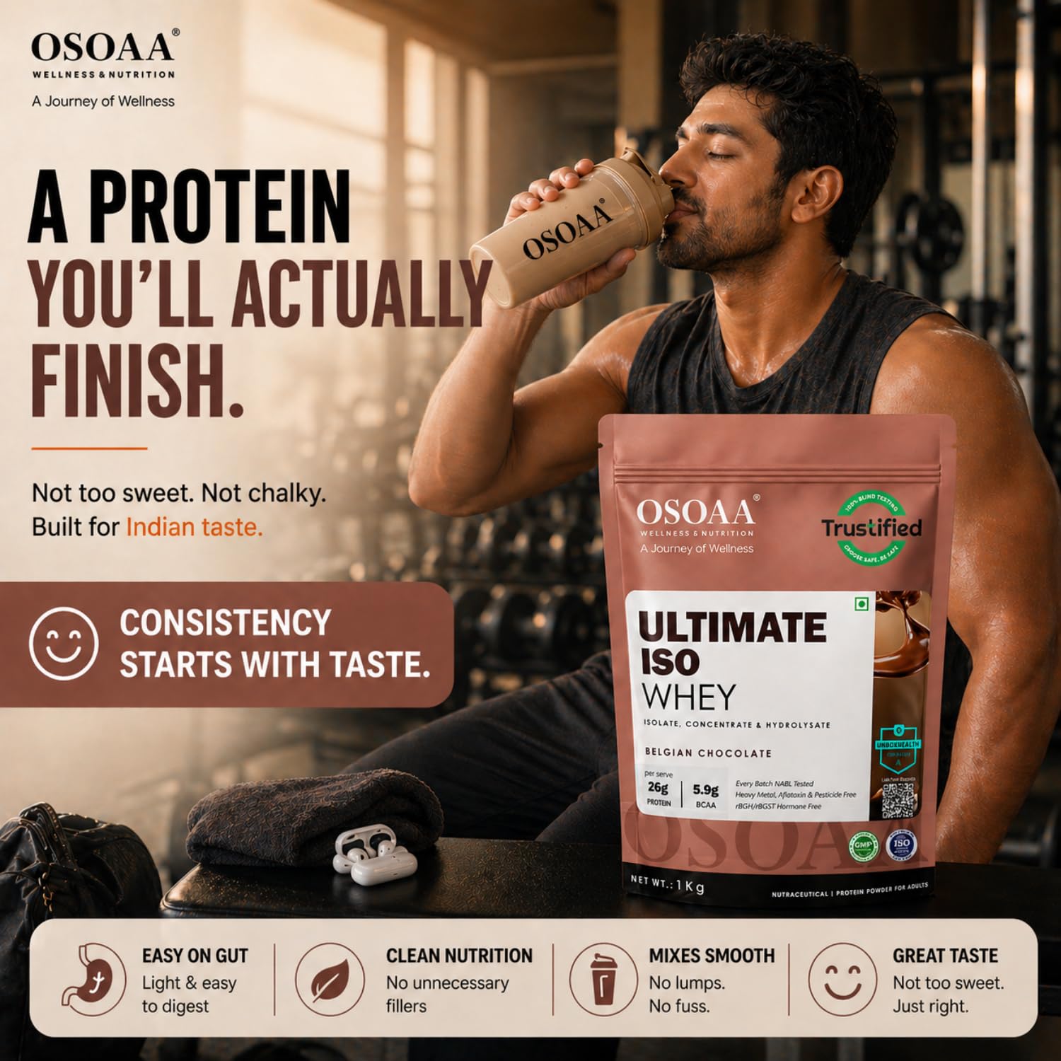 Man drinking OSOAA protein shake with product packaging in a gym setting