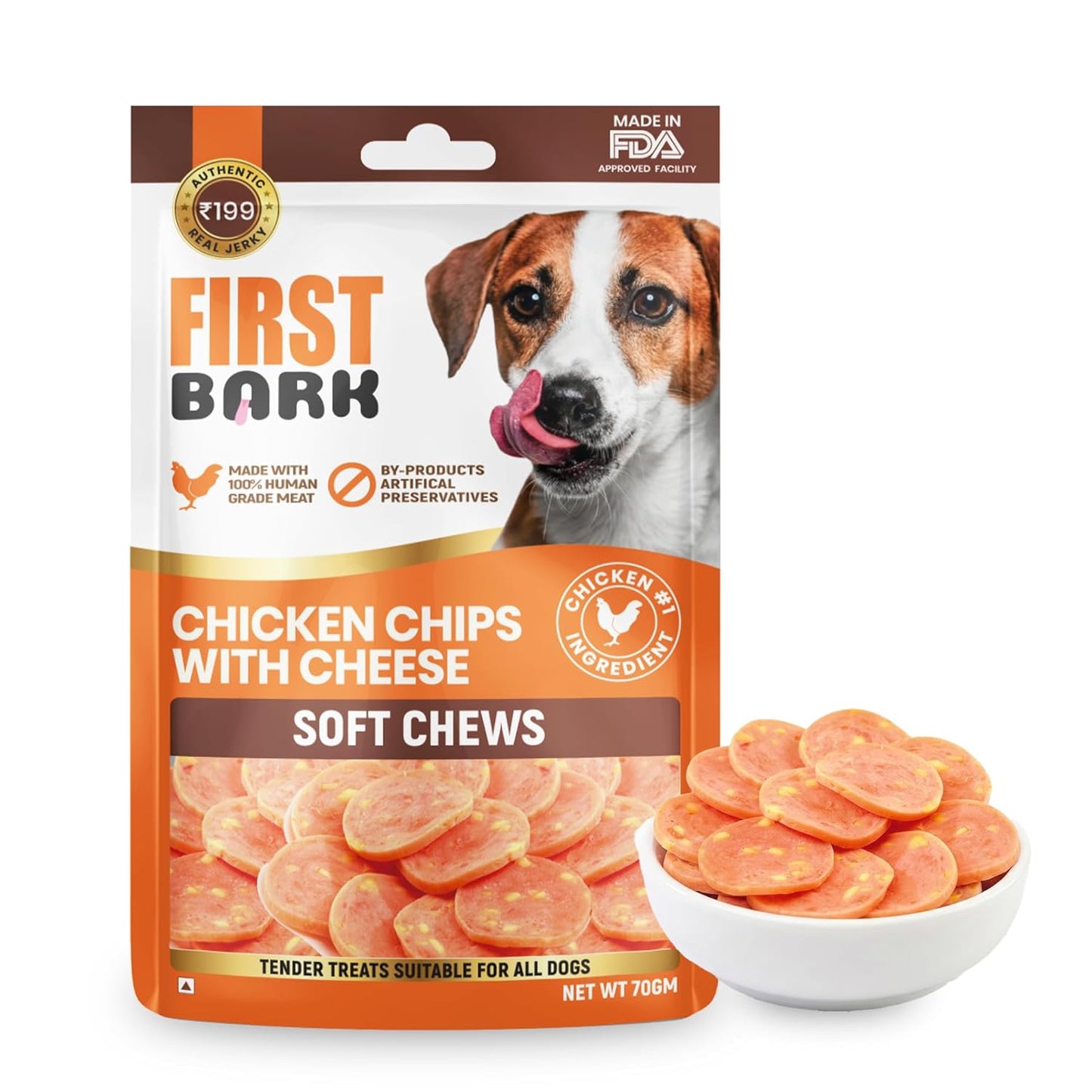 First Bark Dog Treats for Adult Dog & Puppy – Soft Chews Tender Chicken Jerky for Dogs, Small Dogs & Shih Tzu | Easy-to-Chew Puppy Treats & Dog Snacks – Chicken Chips with Cheese (70g) x1