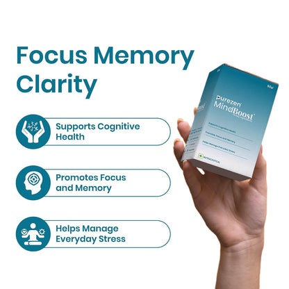 Purezen MindBoost | Brain Health Supplement for Focus, Clarity & Mental Performance | With Ginkgo, Ashwagandha, Omega-3 & Bacopa | 60 Capsules