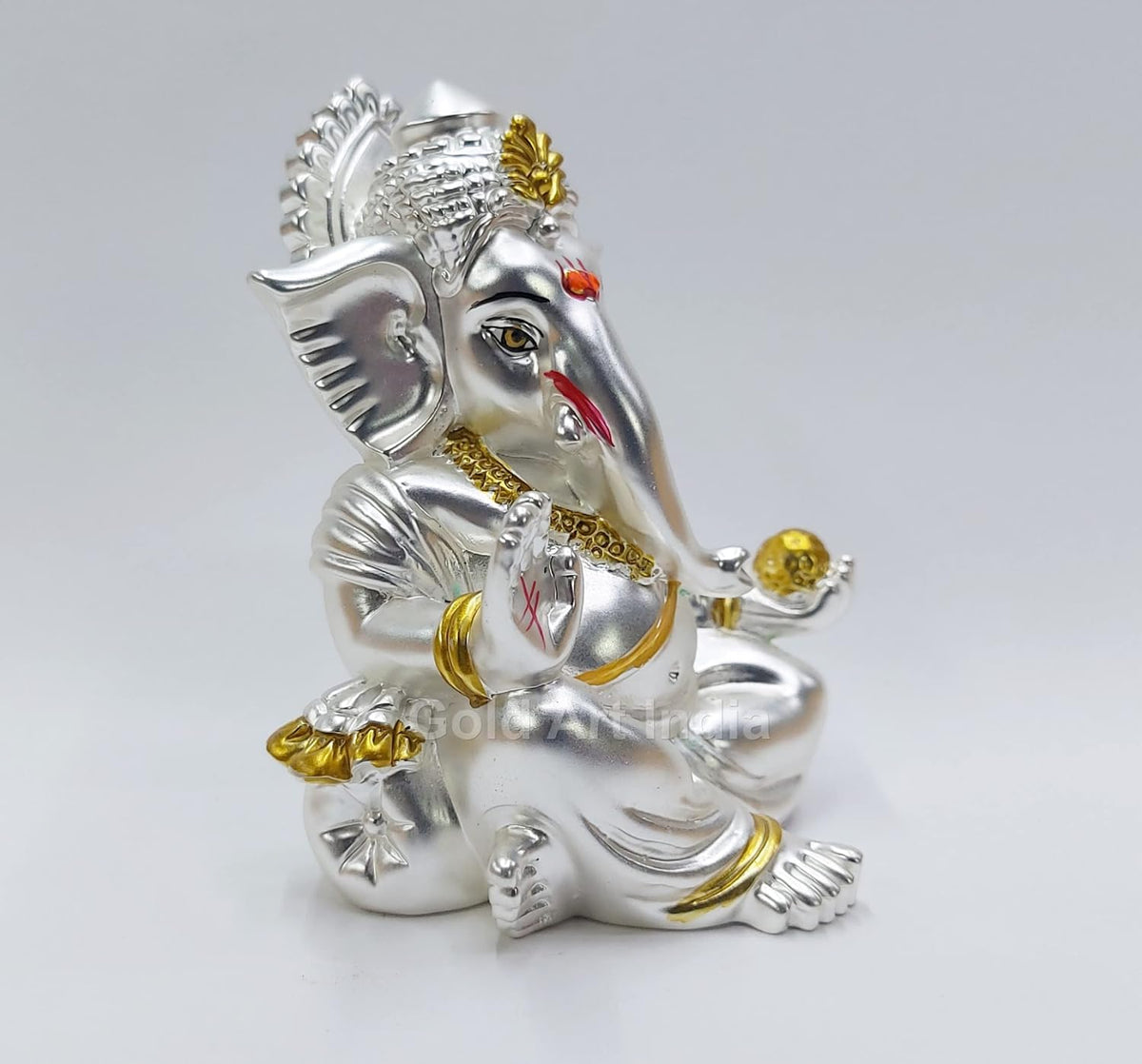 Gold Art India Matte Silver Plated Gaddi Ganesh Idol For Car Dashboard Small Ganesha Murti Ganpati Idol For Home Decor Puja Lord Ganesh Statue Gift For Office Desk Puja Room Figurine