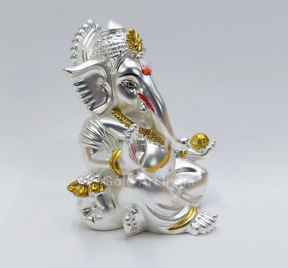 Gold Art India Matte Silver Plated Gaddi Ganesh Idol For Car Dashboard Small Ganesha Murti Ganpati Idol For Home Decor Puja Lord Ganesh Statue Gift For Office Desk Puja Room Figurine