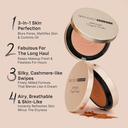 Swiss Beauty Select Born To Last Compact Powder | 3-in-1 Skin Perfection | Oil Control | Blurs Pores | Matte Finish | Fresh Makeup for hours | With Squalane & Vitamin E | 6.5g, Shade- 2. Sunlit Sand