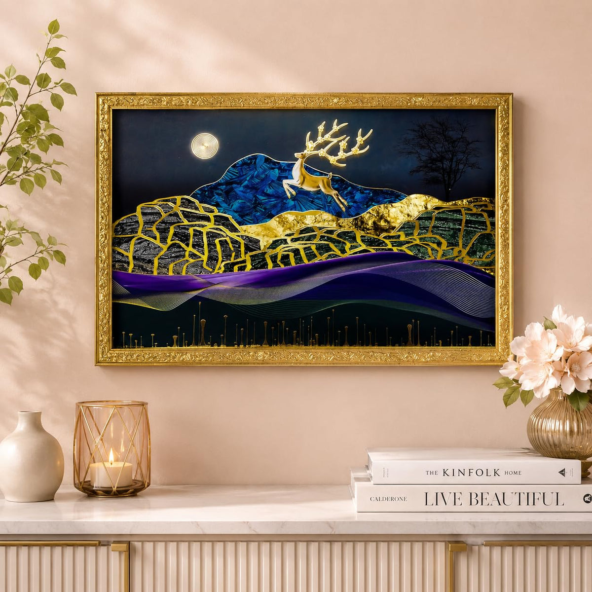 3D Golen Foil Modern Art Landscape with Joyful Lucky Reindeer | Framed Painting | Ready to Hang - (Multicolor, 14 Inch x 20 Inch)