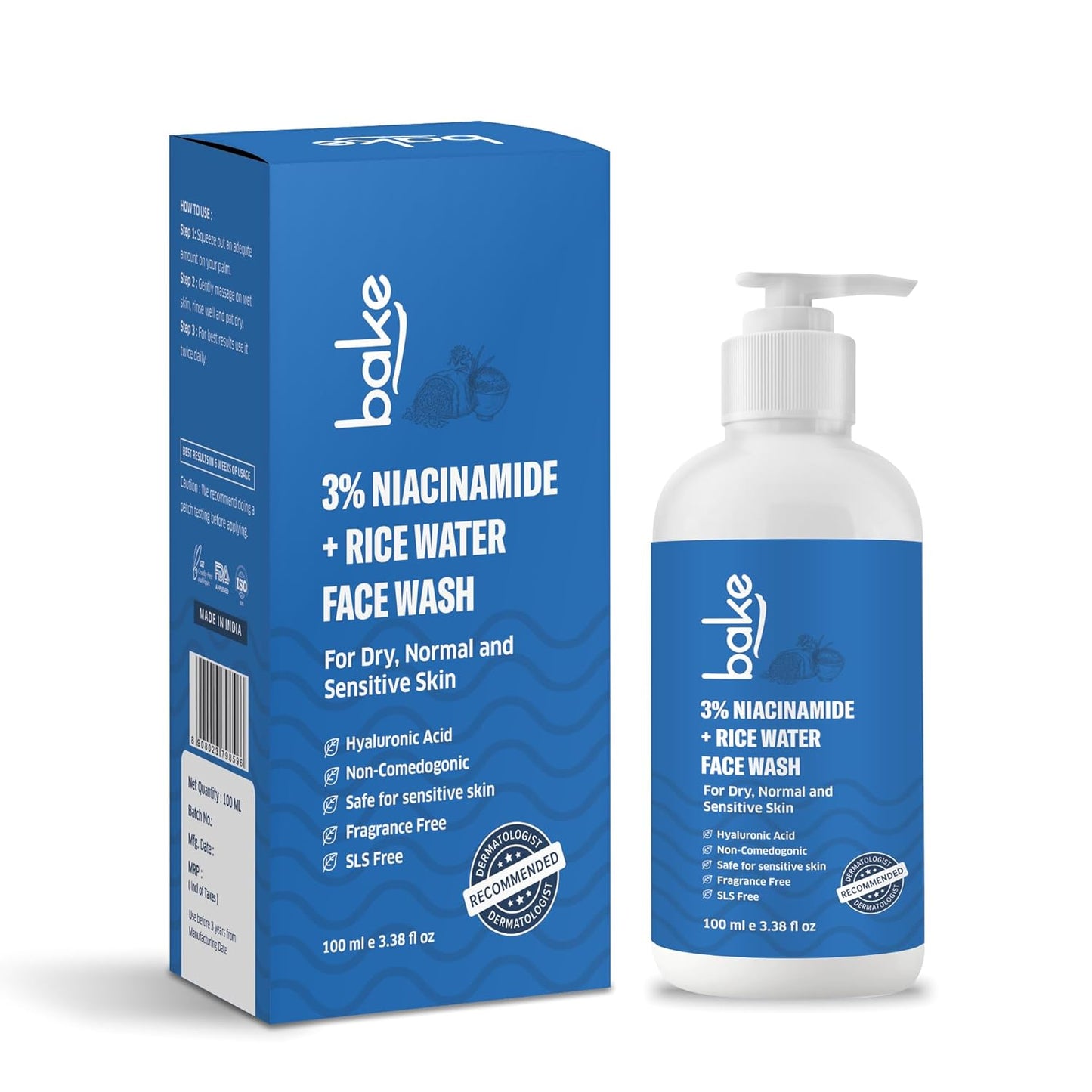BAKE 3% Niacinamide Face Wash with Rice Water for Acne Marks, Scars & Dark Spots | Daily Anti Acne Face Wash | With Hyaluronic Acid - 100ml