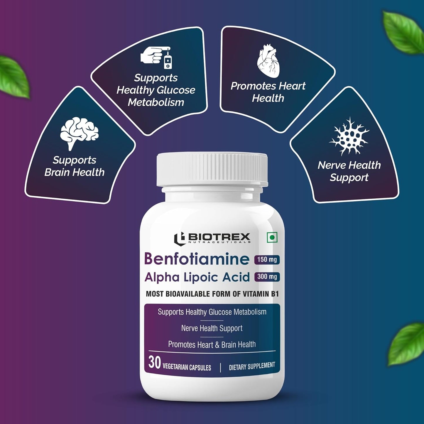 Biotrex Nutraceuticals Benfotiamine 150mg, Alpha Lipoic Acid 300mg With Leucine | Glucose Balance & Metabolic Response | Brain, Heart & Nerve Health | Most Bioavailable Vitamin B1-30 Veg Capsules