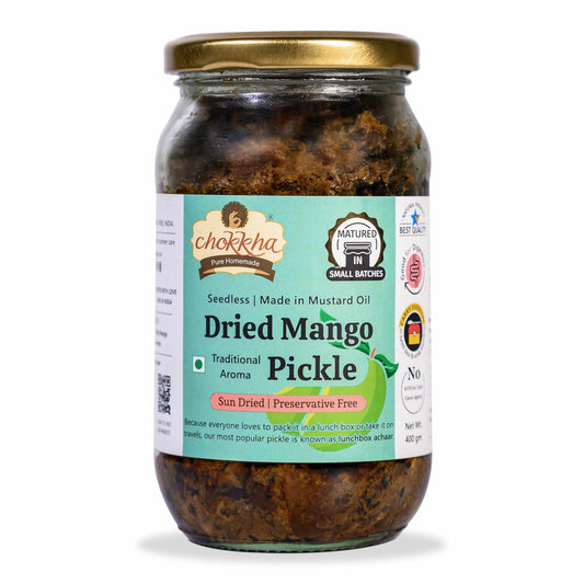 Chokkha Traditional Homemade Dried Mango Pickle (Aam) | Sukha Aam ka Achar | Authentic Indian Taste | Traditional Family Recipe | No Vinegar, Additives or Preservatives | Sundried and Freshly Grounded Spices | Seedless (No Guthli) | 400 Gm