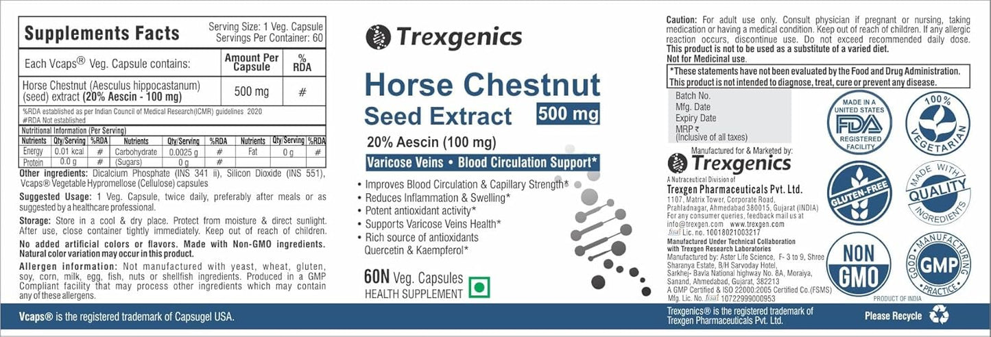 Trexgenics HORSE CHESTNUT 500mg (20% aescin) Standardized Leg Veins & Blood Circulation support (60 Veg capsules)