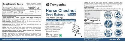 Trexgenics HORSE CHESTNUT 500mg (20% aescin) Standardized Leg Veins & Blood Circulation support (60 Veg capsules)