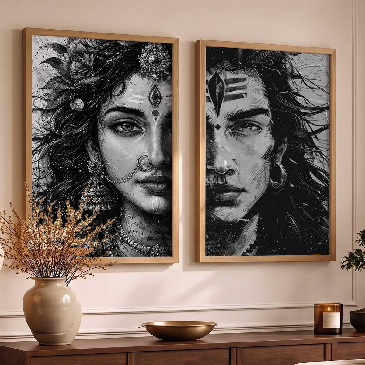 Set of 2 Framed Wall Art Prints, Premium HD Modern Wall Decor for Living Room, Bedroom, Office & Home, Abstract, Spiritual, Floral, Nature, Botanical & Boho Artwork, Ready to Hang (Shiv parwati 2, 13X19, Brown)