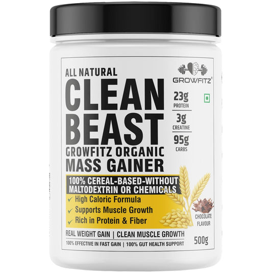 Growfitz All Natural Clean Beast Mass & Weight Gainer 500gram | 23g High Protein | Cereals Based | Support Muscle Growth | 95g Carbs & 3g Creatine | 666 Calories With Vitamins & Minerals | Chocolate Flavour