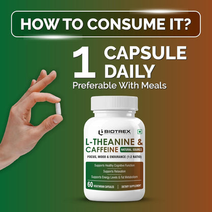 Biotrex Nutraceuticals L-Theanine 200mg Caffeine 100mg Supplement helps to improve Excercise Performance & supports Energy Management - 60 Veg Capsules