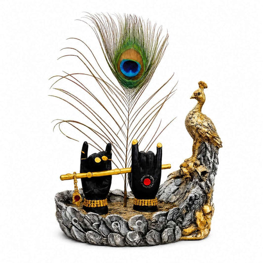 THE SACRED GIFTS Mor Krishna Hand Showpiece with Peacock Feather & Golden Peacock Figurine | Polyresin Spiritual Home Decor Statue for Living Room, Office & Temple | Decorative Gift for Janmashtami, Diwali