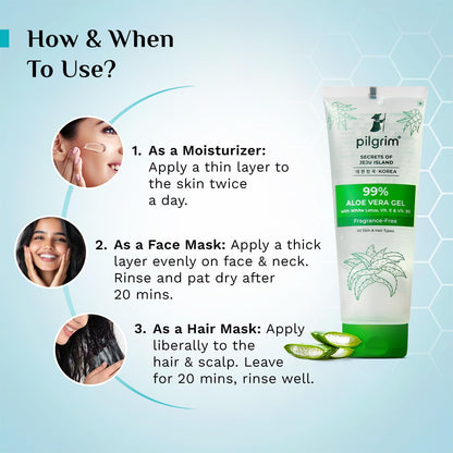 PILGRIM Korean 99% Pure Aloe Vera Gel 200ml with Vitamin E & Vitamin B5 for Face & Hair | Hydrates & Soothes Skin | Conditions & Softens Hair | Free from Parabens, Sulphates, Mineral Oils & Fragrance I For Women and Men