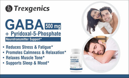 Advertisement for Trexgenics GABA supplement with product and lifestyle images.