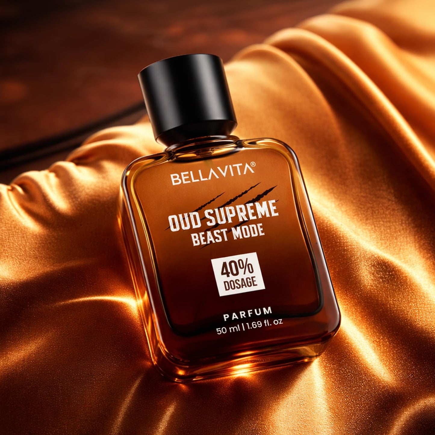 Bellavita Oud Supreme Beast Mode parfum bottle on a satin surface