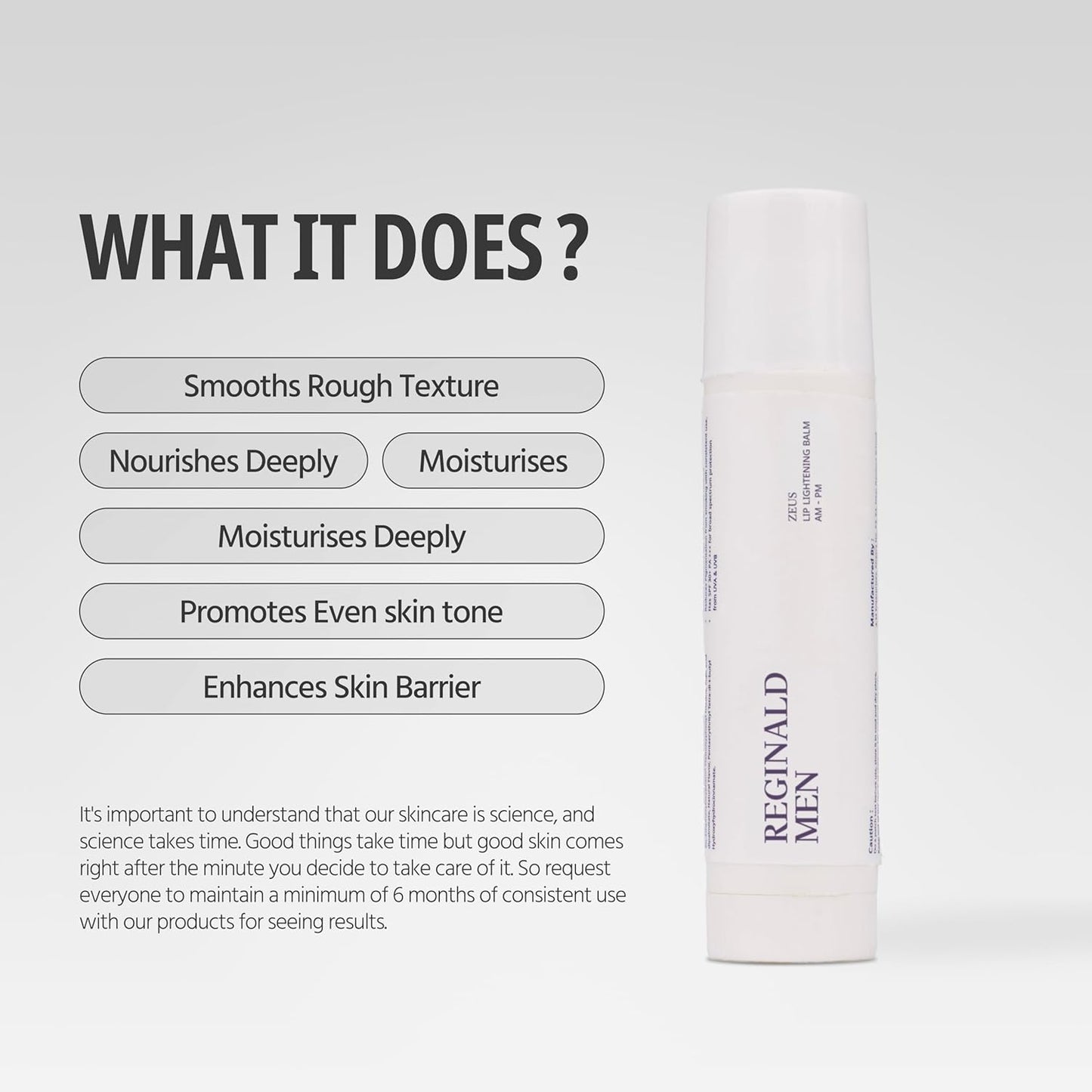 Product packaging with text detailing skincare benefits on a light gray background