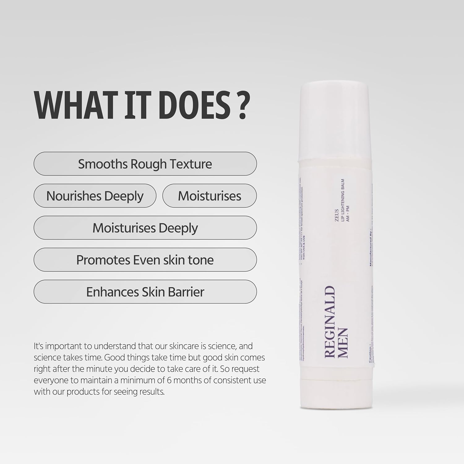 Product packaging with text detailing skincare benefits on a light gray background