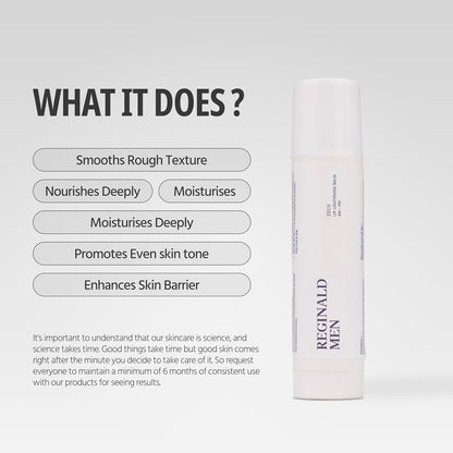 Product packaging with text detailing skincare benefits on a light gray background