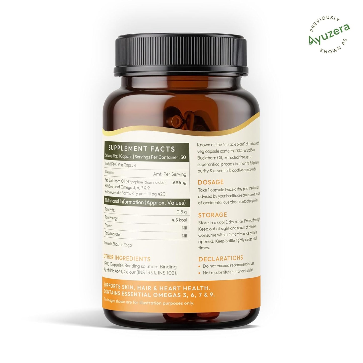 Wellwith by Ayuzera Sea Buckthorn Berry Oil Omega 7 500mg, 30 Veg HPMC Capsules, 15-Day Supply| Sea buckthorn Capsules rich In Omega 3, 6 & 9 help to keep the skin healthy| Dietary Supplements, 500mg Each