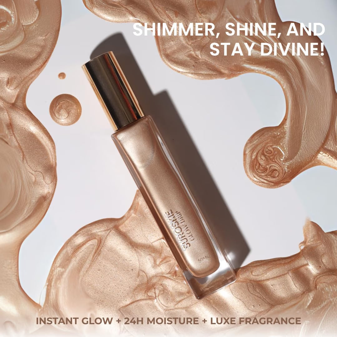 Suroskie Glow Drip 50ml Body Highlighter (Golden Hour, with Brush) | Shimmer for Radiant & Luminous Skin | Non-Greasy & Quick Absorbing | with Superfood Oils & Gold Mica | Body Shimmer for Women