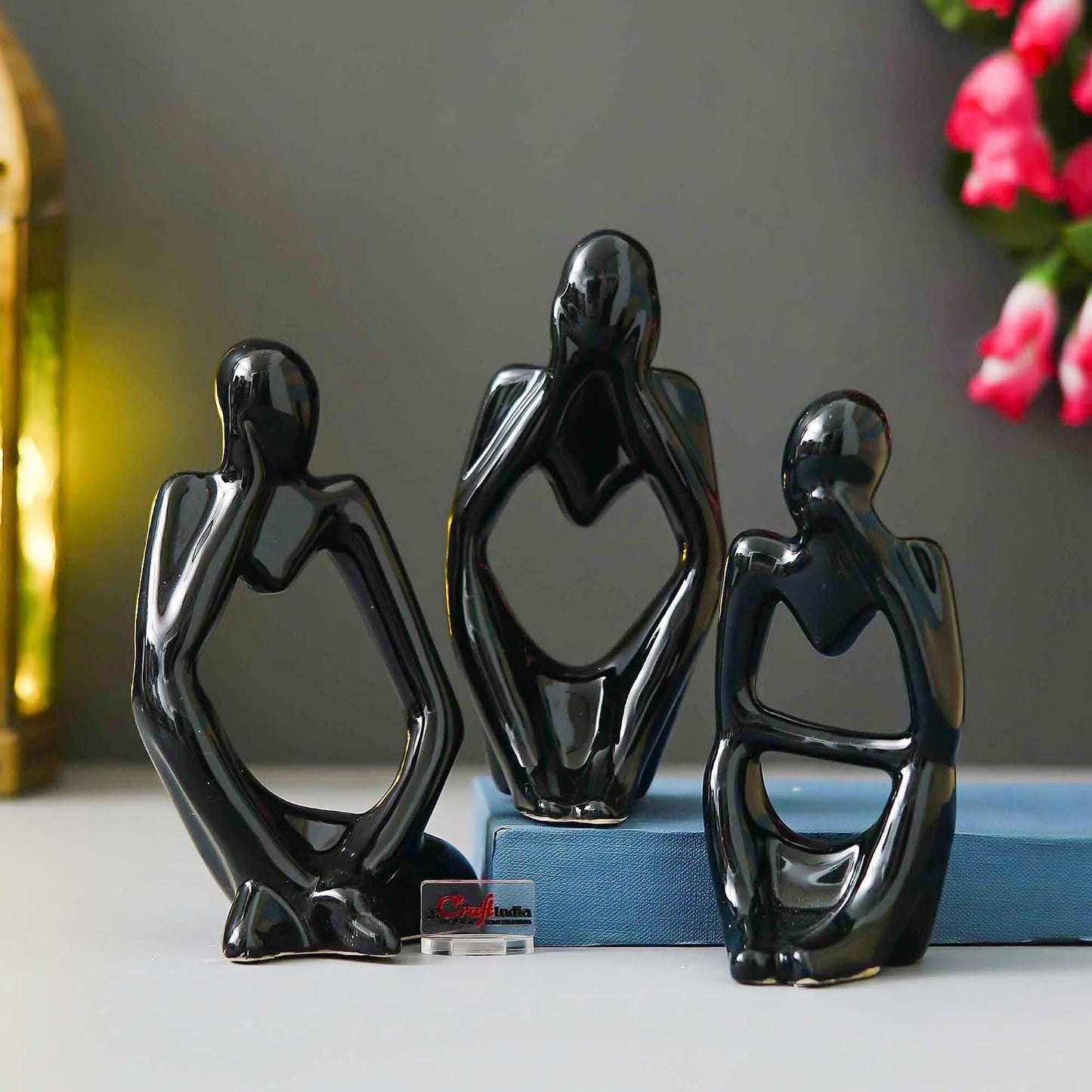 eCraftIndia Resin Decorative Thinking Human Figurines Statues Showpieces (Set of 3, Black)| Home Decor Items for Living Room Bedroom Hall Office Desk Bookshelf Table| Home Decor Gifts for Birthday