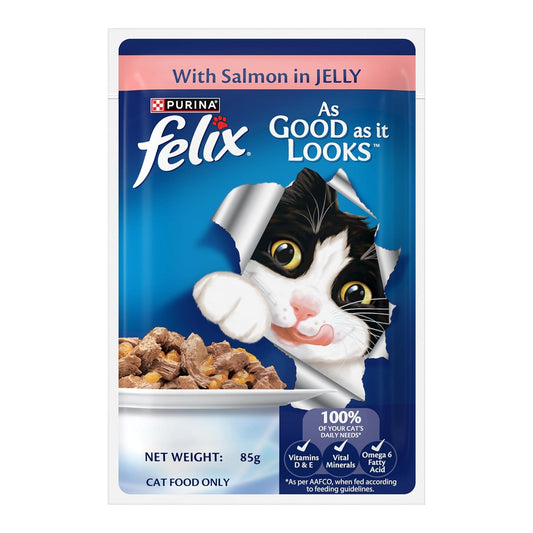 Purina Felix Salmon in Jelly, Wet Food for Adult Cats, 85g Pouch | With Salmon in Jelly, Tasty Meaty Chunks, 100% Complete & Balanced Nutrition, Vitamins D & E, Omega 6, Essential Minerals