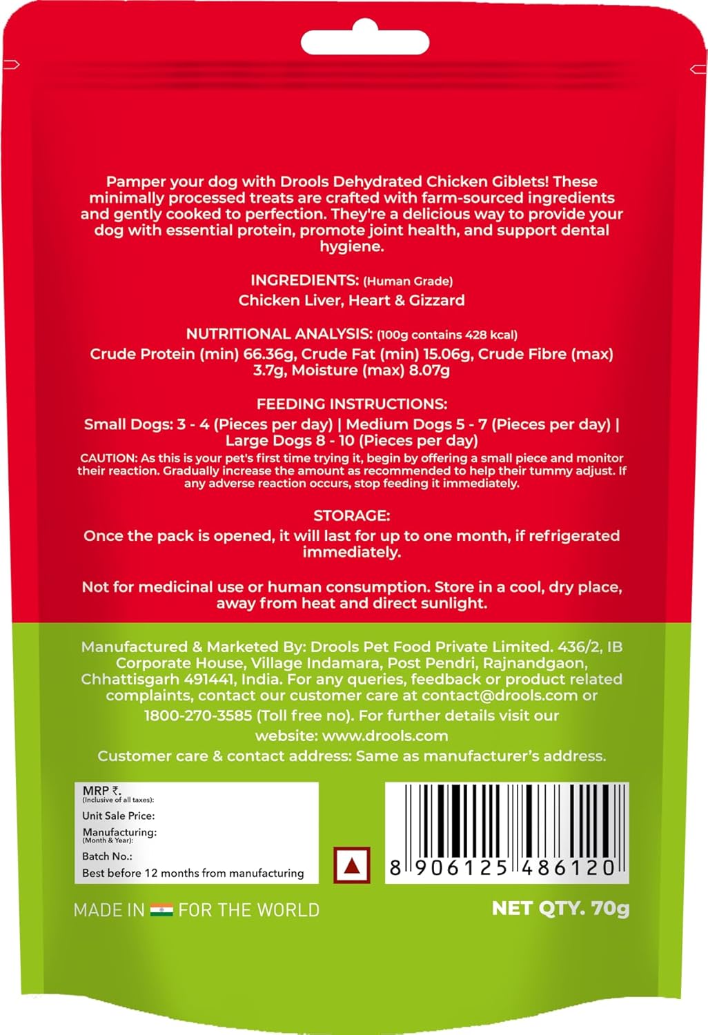 Drools Puppy & Adult Dog Treats Dehydrated Chews Giblets 70g | Real Chicken Flavour | Vital Nutrients | Digestive Health | Protein-Packed | Tasty & Nutritious