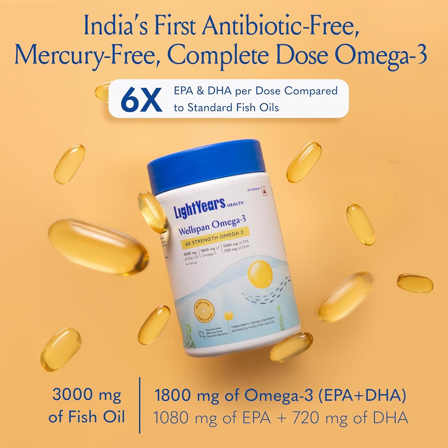 LightYears Wellspan Omega 3 Fish Oil Capsules | 6X Strength | 3000 mg Fish Oil with 1800 mg EPA DHA for Men & Women | Mercury-Free | Lemon Flavoured for No Fishy Burps | 3rd Party Tested | 60 Capsules
