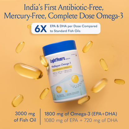 LightYears Wellspan Omega 3 Fish Oil Capsules | 6X Strength | 3000 mg Fish Oil with 1800 mg EPA DHA for Men & Women | Mercury-Free | Lemon Flavoured for No Fishy Burps | 3rd Party Tested | 60 Capsules