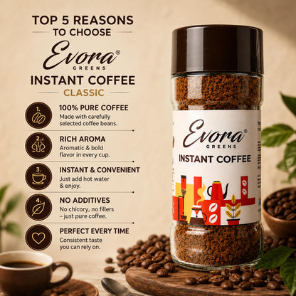 EVORA Greens 100gm Instant Coffee Powder | Classic Taste | Coffee with Arabica & Robusta Blend - Medium Roast | Make Café Style Hot or Cold Coffee, black Coffee, Cappuccino, Latte at Home | Make 50 Cups