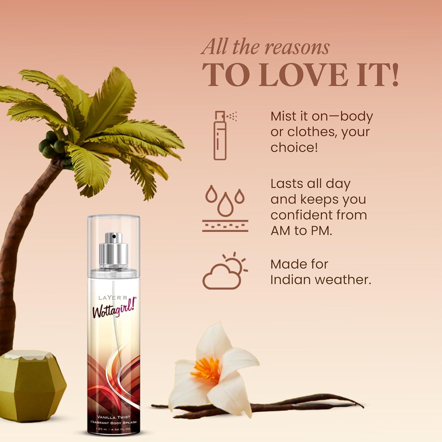 Layer'r Wottagirl Vanilla Twist Body Splash, 135ml | Long-Lasting Premium Mist Spray for Women | Dreamy Vanilla Scent | Everyday Wear | Refreshing & Skin-Friendly