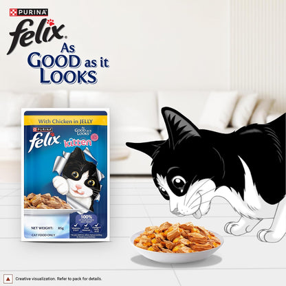 Purina Felix Chicken in Jelly, Wet Food for Adult Cats, 85g Pouch | With Chicken in Jelly, Tasty Meaty Chunks, 100% Complete & Balanced Nutrition, Vitamins D & E, Omega 6, Essential Minerals