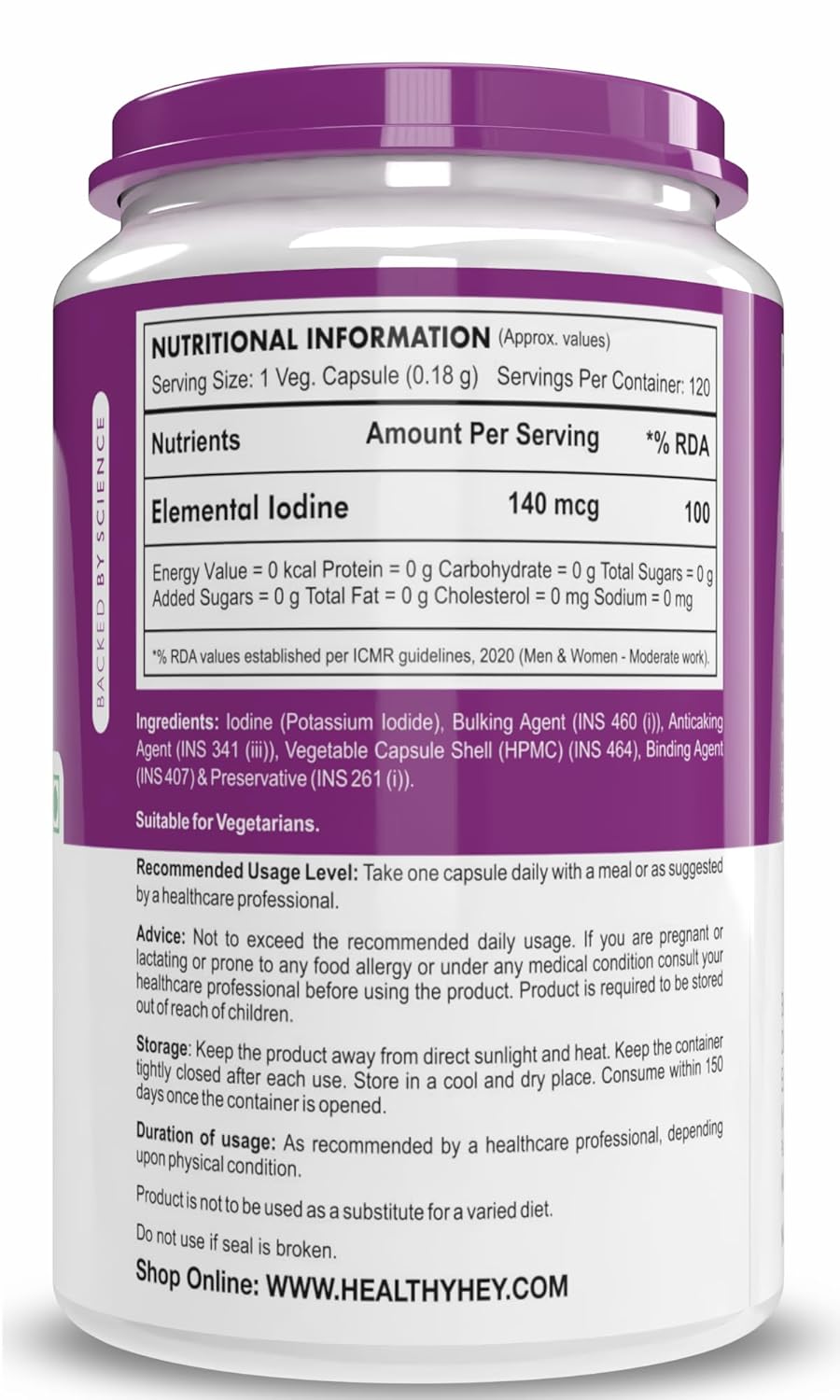 Nutritional information label on a supplement container with a purple label.