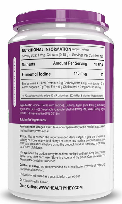 Nutritional information label on a supplement container with a purple label.