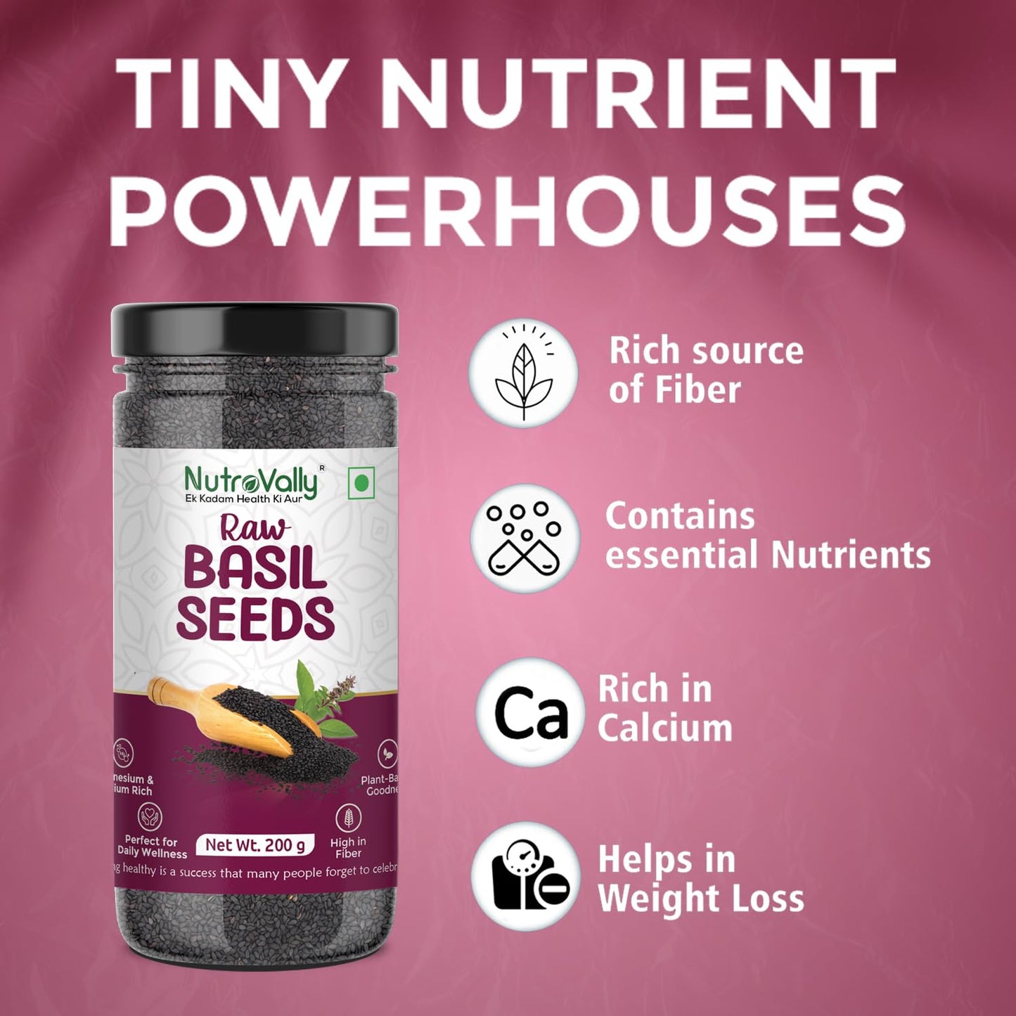 NutroVally Raw Basil Seeds 200g | Sabja Seeds Rich in Fiber, Plant-Based Protein & Essential Nutrients | Supports Digestion, Hydration, Satiety | Vegan, Gluten-Free Superfood for Detox Drink & Recipes