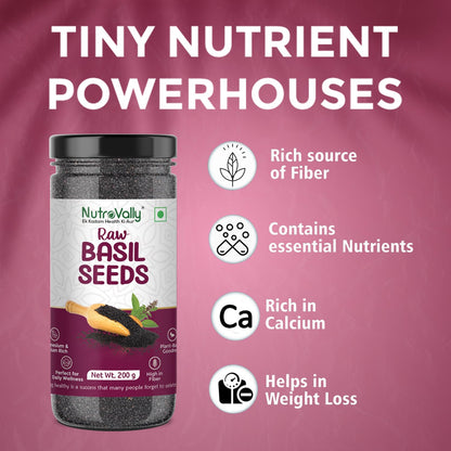 NutroVally Raw Basil Seeds 200g | Sabja Seeds Rich in Fiber, Plant-Based Protein & Essential Nutrients | Supports Digestion, Hydration, Satiety | Vegan, Gluten-Free Superfood for Detox Drink & Recipes