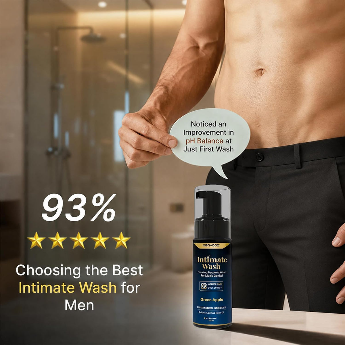 MENHOOD Intimate Wash for Men 150 ML| Tea Tree Oil Essential Neem Oil | Men Genital Wash |Mens Ball Hygiene |Anti-Fungal Foaming Wash | PH Balanced |Skin Brightening | Long- Lasting Freshness (Green Apple)