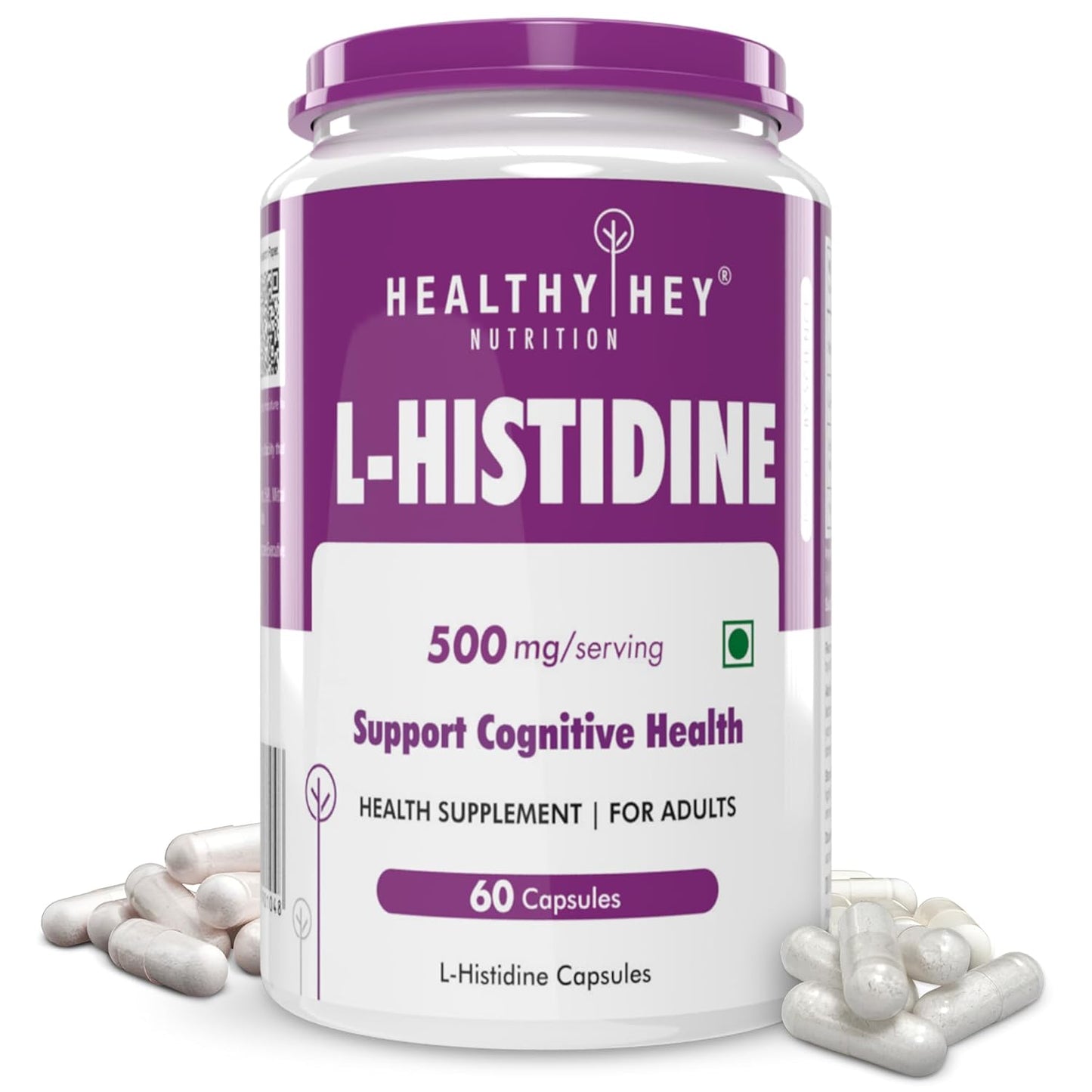 Supplement container labeled 'L-Histidine' from Healthy Hey Nutrition on a white background