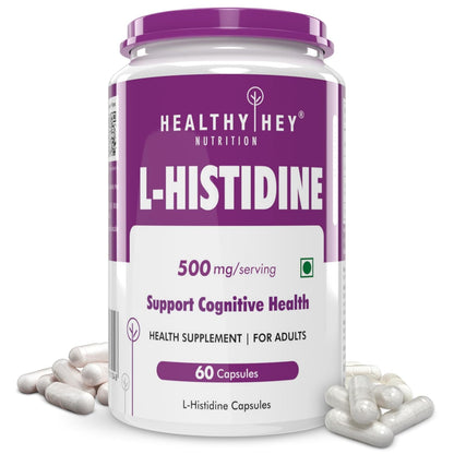 Supplement container labeled 'L-Histidine' from Healthy Hey Nutrition on a white background