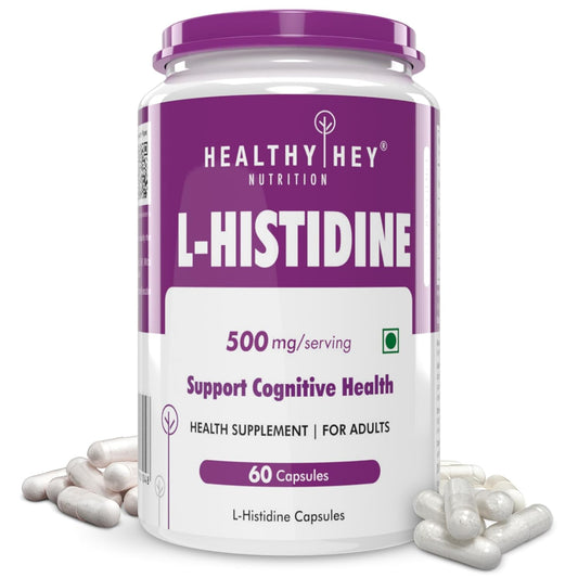 Supplement container labeled 'L-Histidine' from Healthy Hey Nutrition on a white background