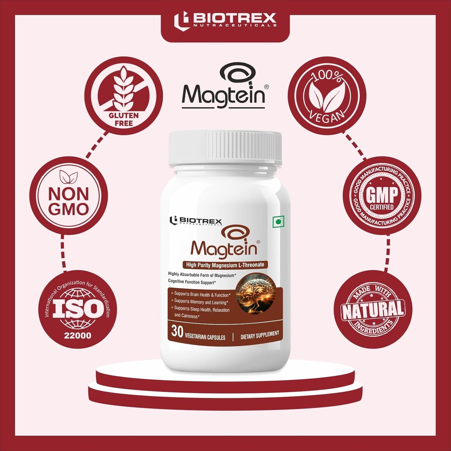 Biotrex Nutraceuticals Magtein Magnesium L-Threonate Supplement, Highly Bioavailable Form of Magnesium, Supports Sleep Health And Cognitive Function - 30 Veg Capsules