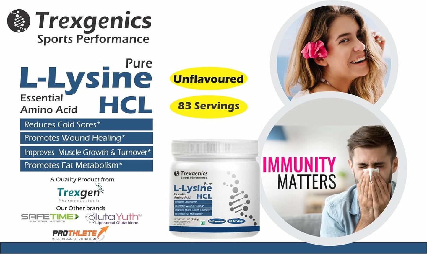 Trexgenics L-LYSINE HCL PURE POWDER Essential amino acid Cold Sores, Immunity, Muscle Mass, Skin, Hair Support 83 Servings (250 GRAM)