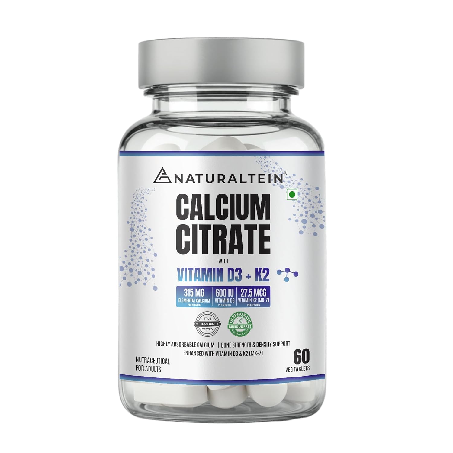 Bottle of Naturaltein Calcium Citrate supplement on a white background